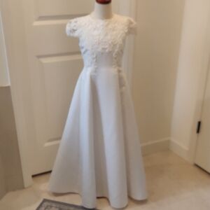 Oleg Cassini White Satin Lace Short Sleeves Flower Girl Dress Sz 8